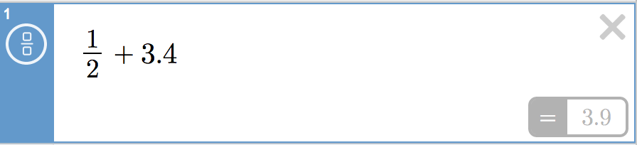 a Desmos expression list entry showing a formatted layout of 1 / 2 + 3.4 here